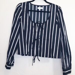 K/Lab Black White‎ Striped Long Sleeve Crop Blouse